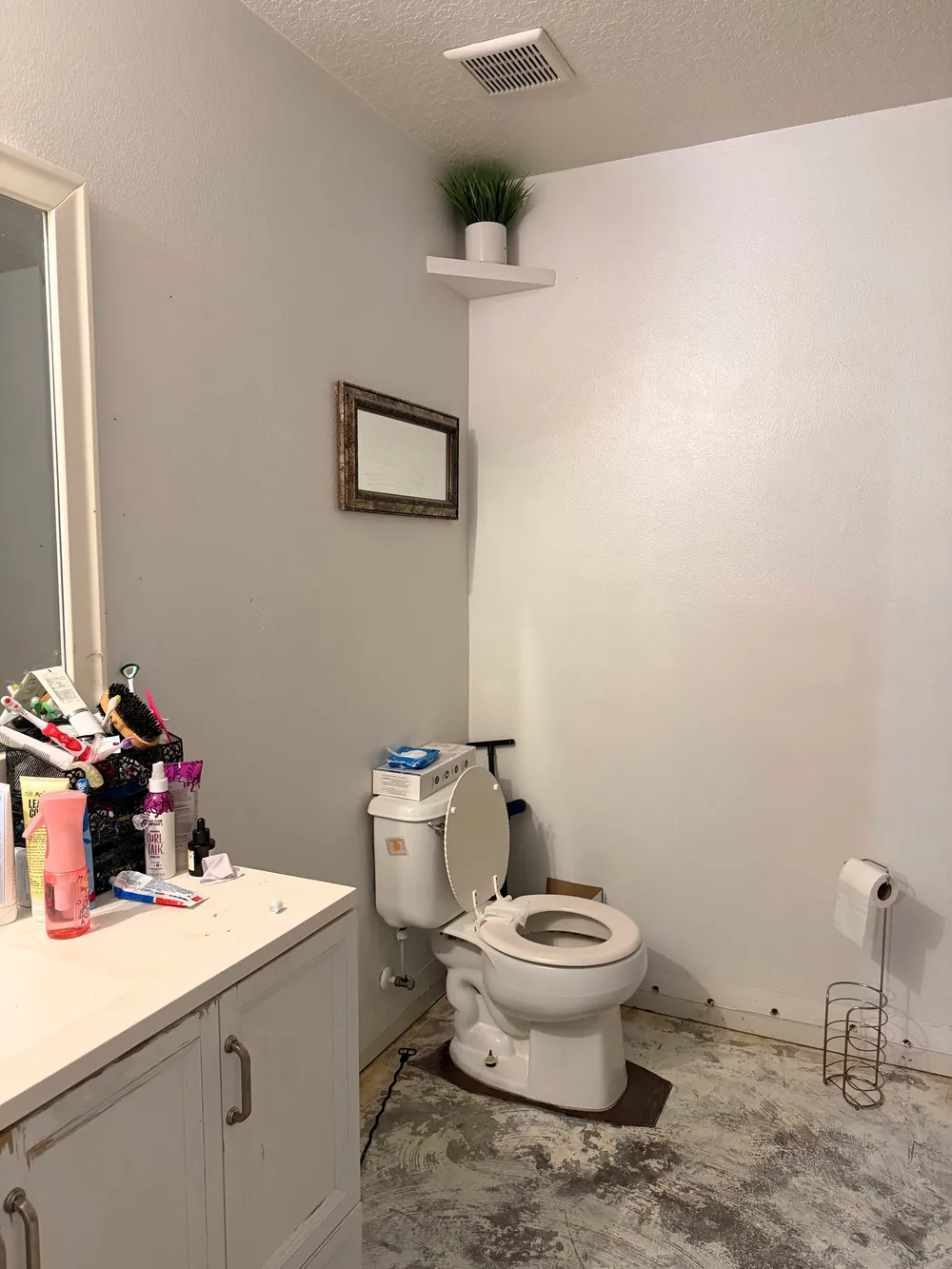 Original toilet beside the single vanity and an open wall area, with the flooring removed.