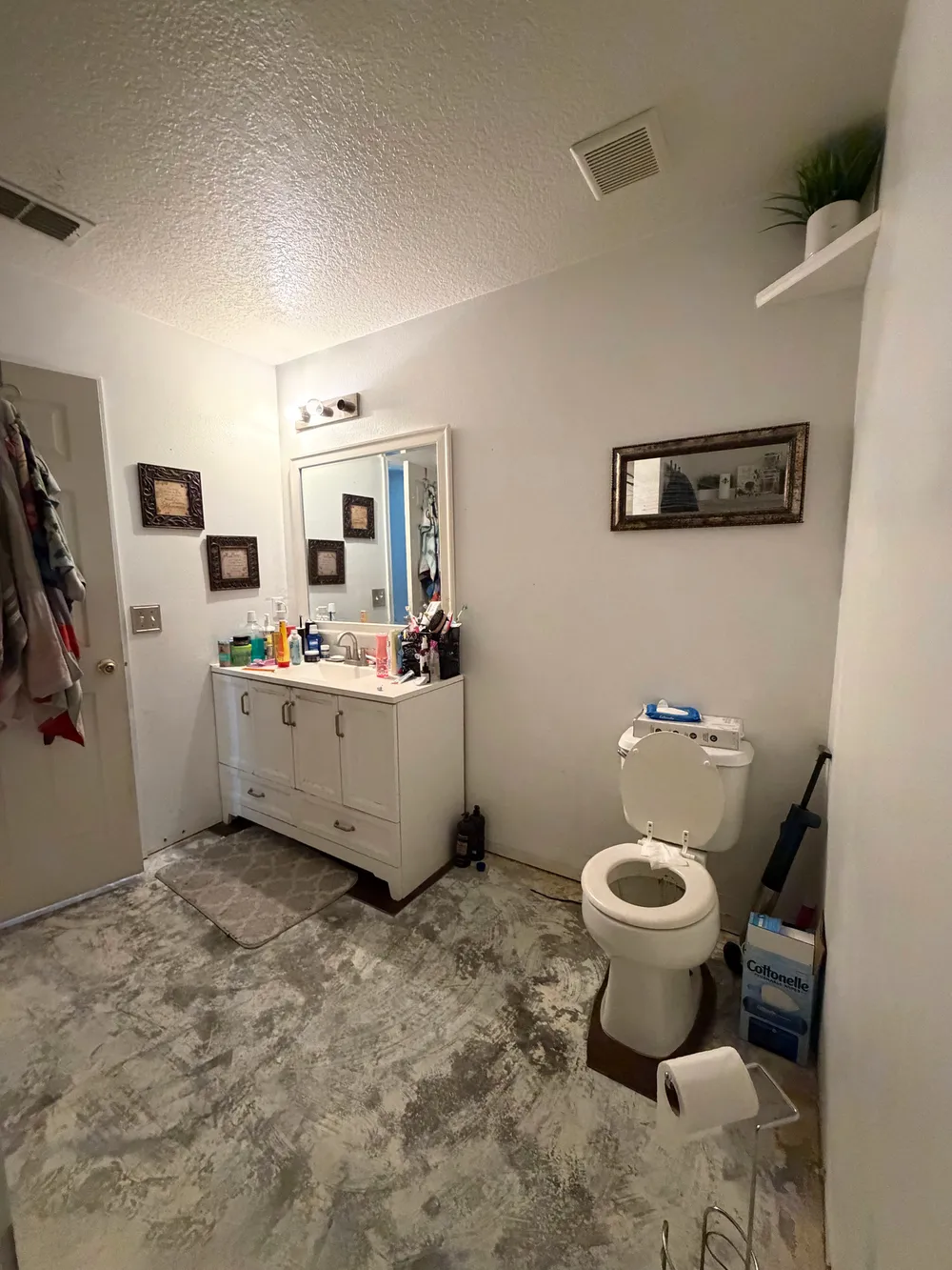 Original single vanity, toilet, and blank wall with exposed floor during work.
