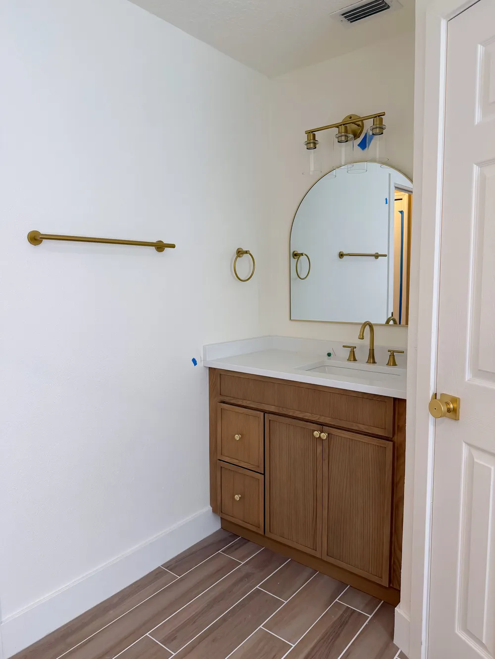 Vanity with finish hardware in place in the Calle bathroom.