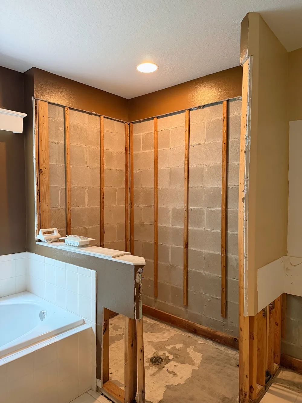 Shower wall opened to block and studs in the Calle bathroom.