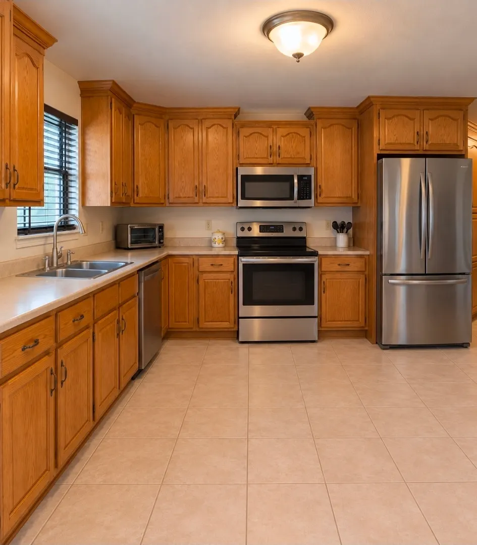 Lake Roper kitchen before renovation, with oak cabinetry, range, overhead microwave and beige tile.