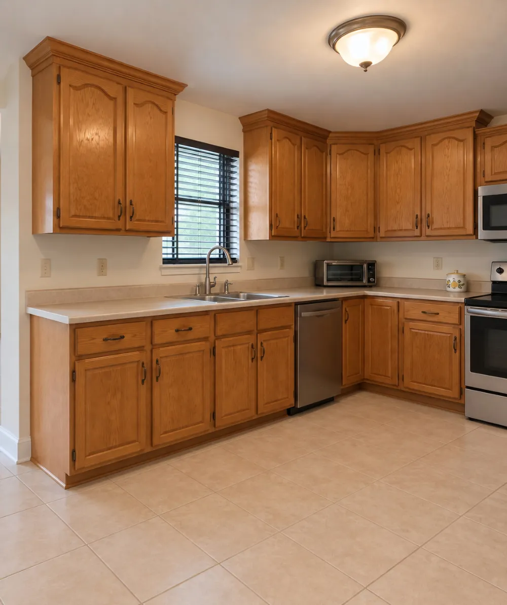 Original Lake Roper kitchen sink below a window, surrounded by oak cabinets and older counters.