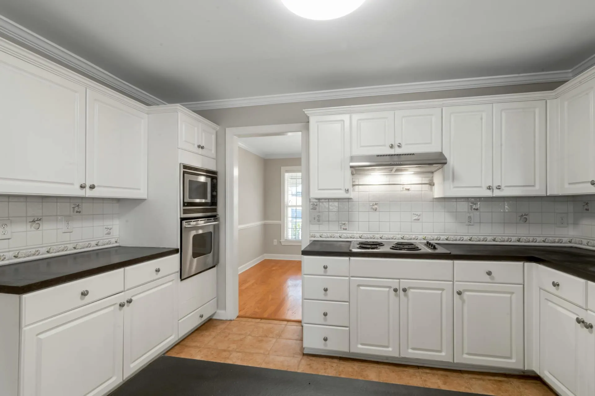 Crown Molding Kitchen White Cabinets Black Brown Countertops