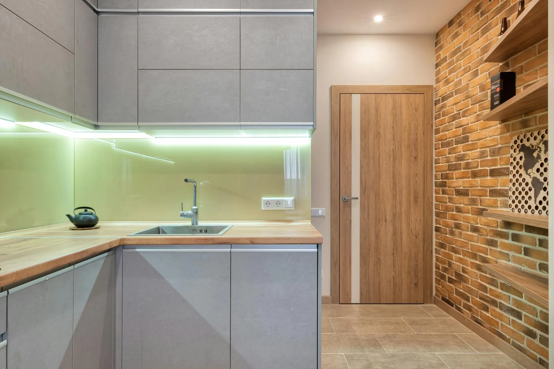 Gray Modern Cabinets with Wood Countertop