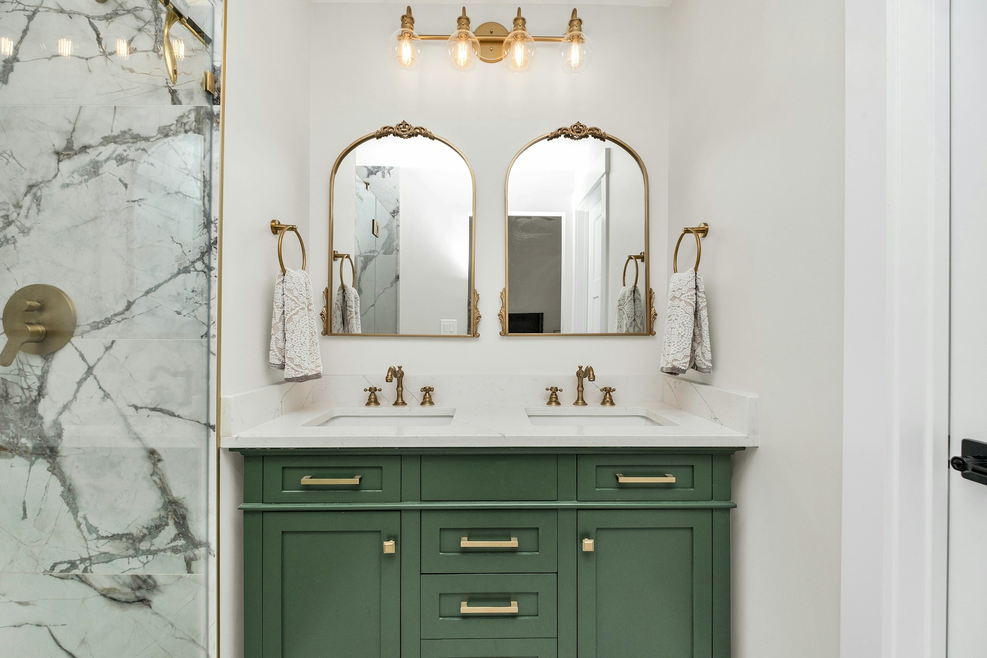 bathroom remodel green double vanity